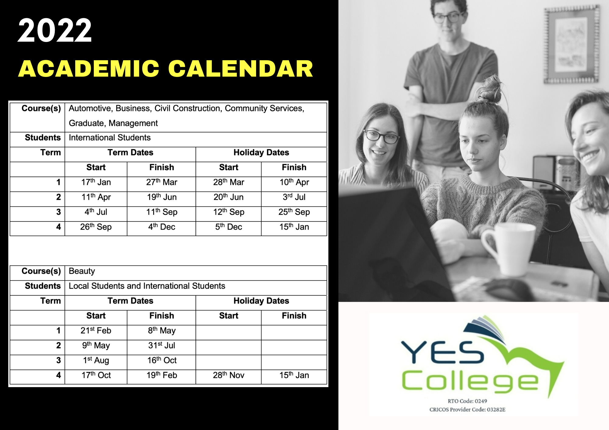 2022 Academic Calendar Flyer YES College